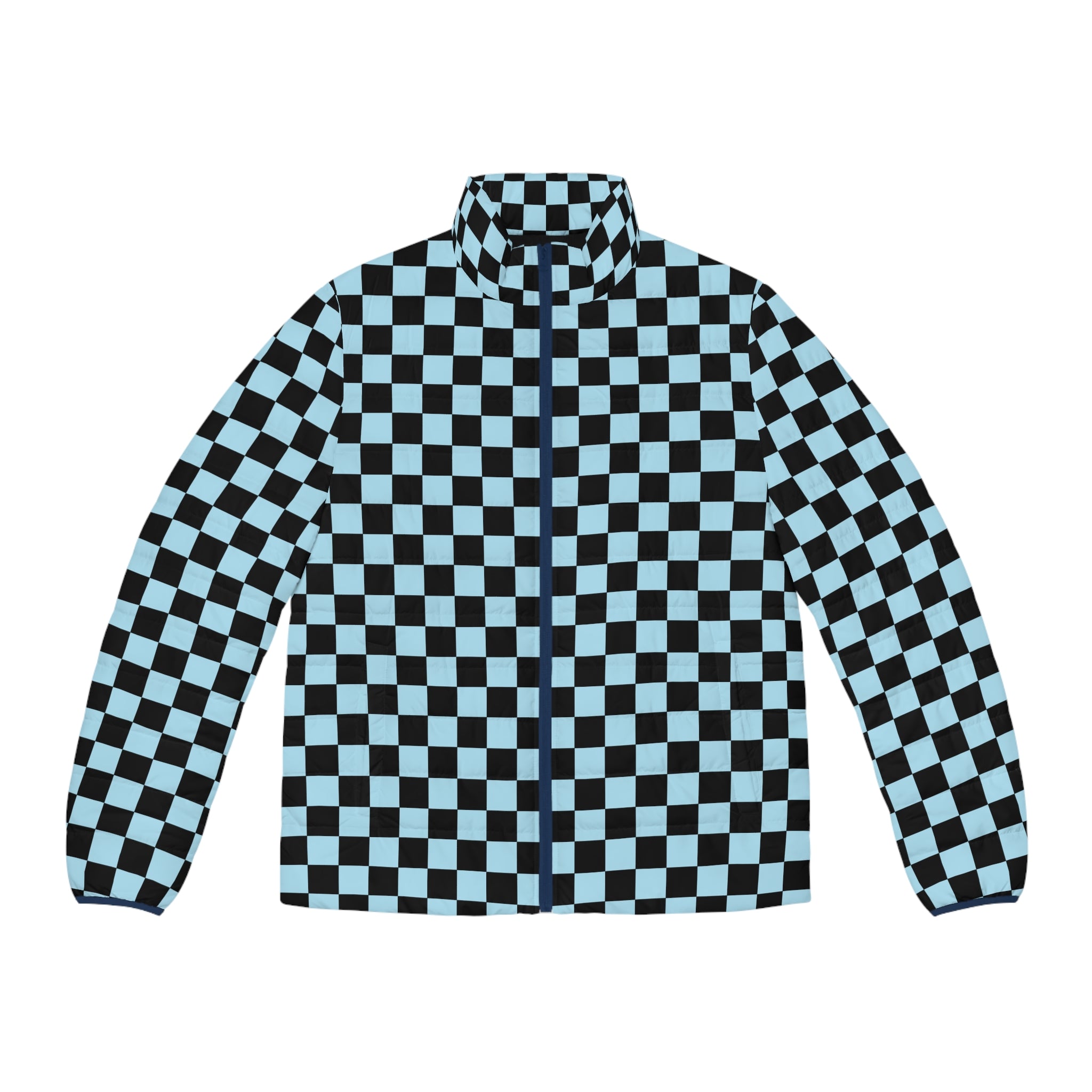 Checkerboard Black and Blue Men's Puffer Jacket (AOP), Artsulli - Art is Long, Life is Short, All Over Prints, Size, S, Color, Dark blue zipper, , , 34009211182290129462