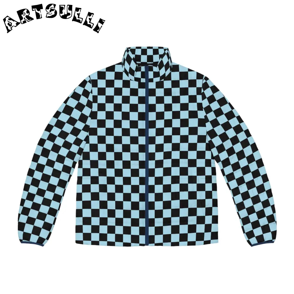 JAKKOUTTHEBXX Checkerboard Black and Blue Men’s Puffer Jacket (AOP)