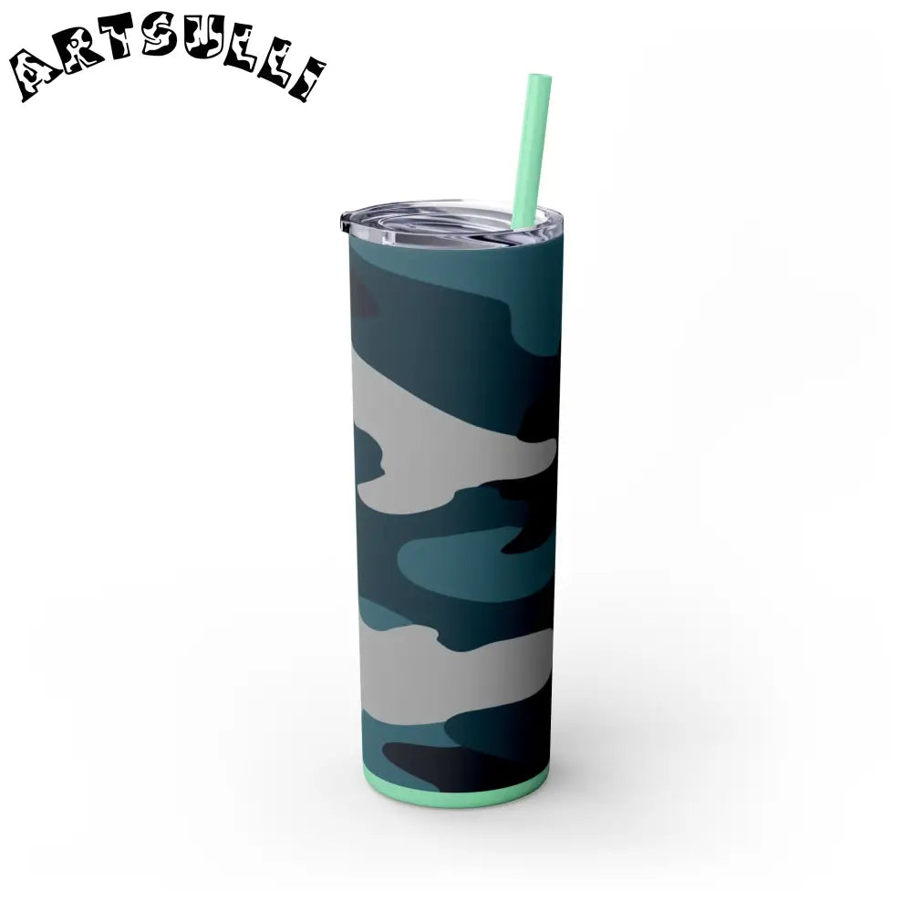 JAKKOUTTHEBXX Blue Camouflage Skinny Tumbler with Straw 20oz
