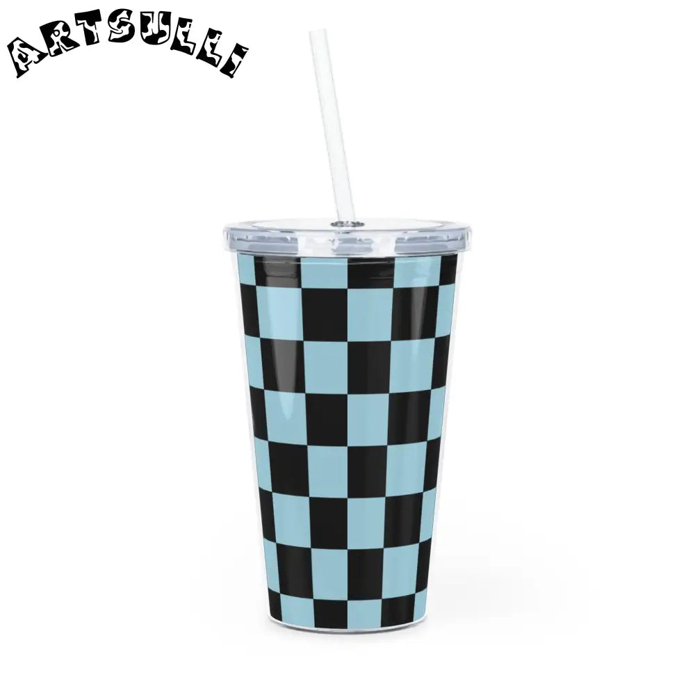 JAKKOUTTHEBXX Checkerboard Black and Blue Plastic Tumbler with Straw