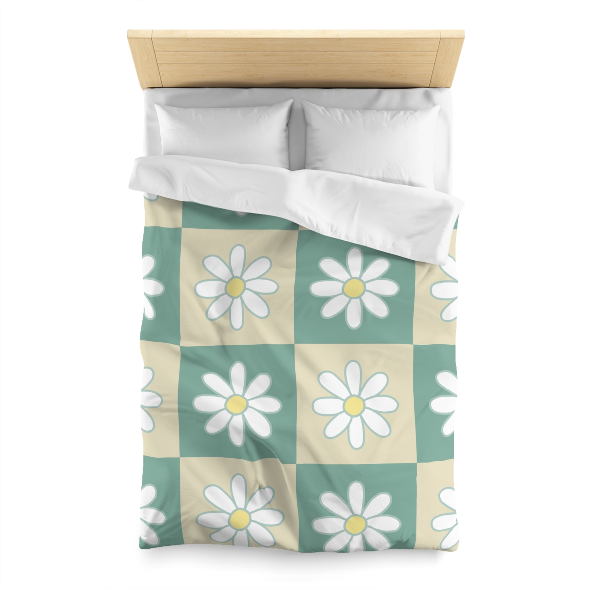 Retro Daisy Checkerboard Green and Tan Microfiber Duvet Cover, Artsulli - Art is Long, Life is Short, Home Decor, , , , , , , 