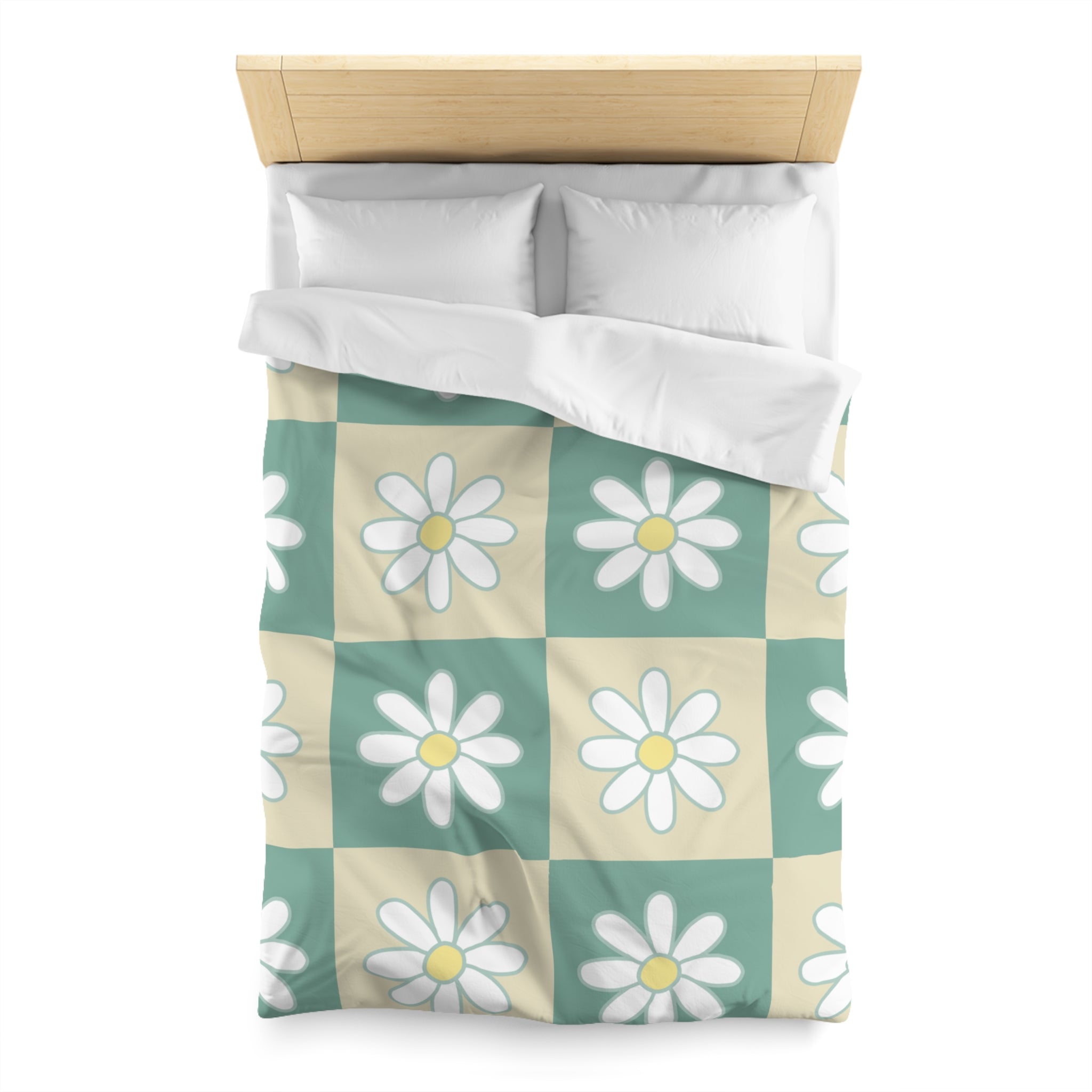 Retro Daisy Checkerboard Green and Tan Microfiber Duvet Cover, Artsulli - Art is Long, Life is Short, Home Decor, , , , , , , 