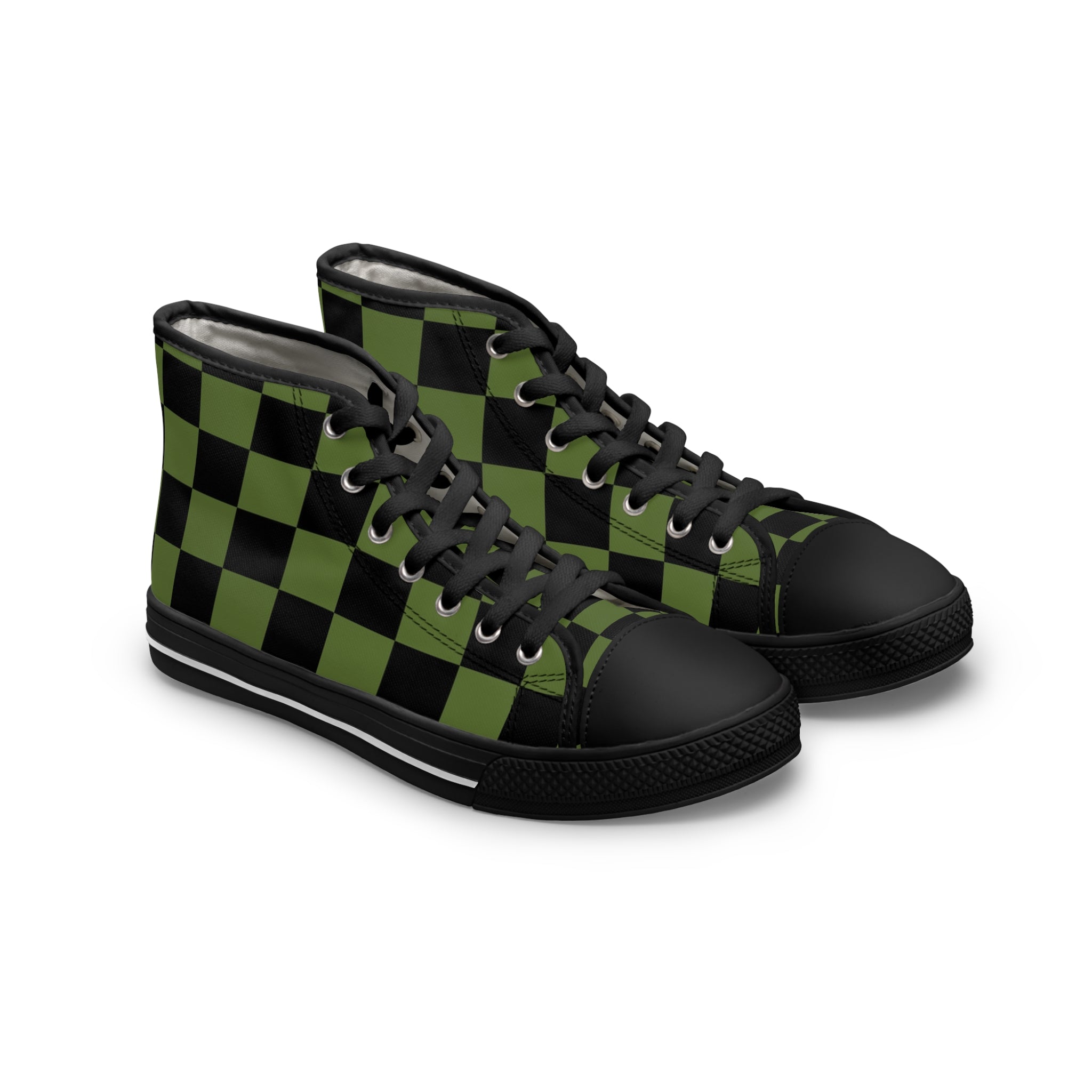 Checkerboard Olive Green and Black Women's High Top Sneakers, Artsulli - Art is Long, Life is Short, Shoes, Size, US 5.5, Color, Black sole, , , 21260082890562496324