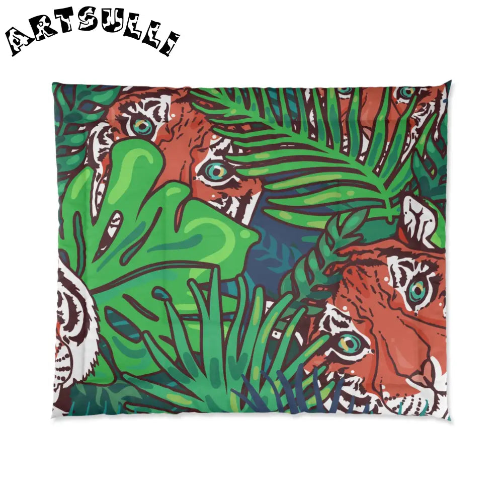 JAKKOUTTHEBXX Tropical Jungle Tigers Blue and Green Comforter