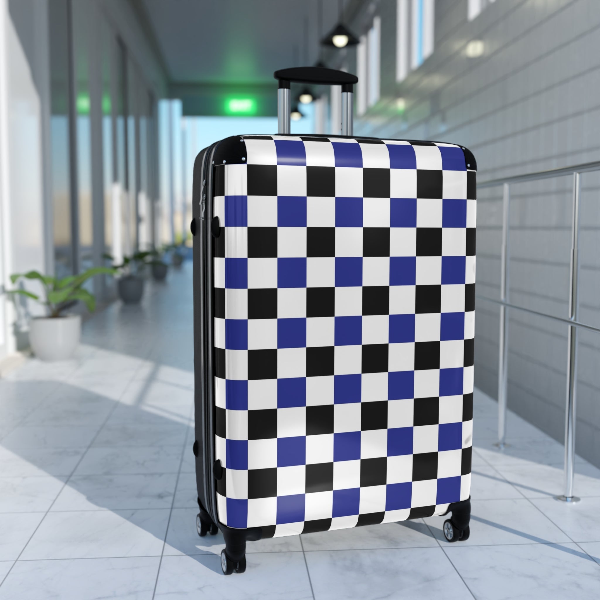 Checkerboard Blue White and Black Suitcase, Artsulli - Art is Long, Life is Short, Bags, , , , , , , 