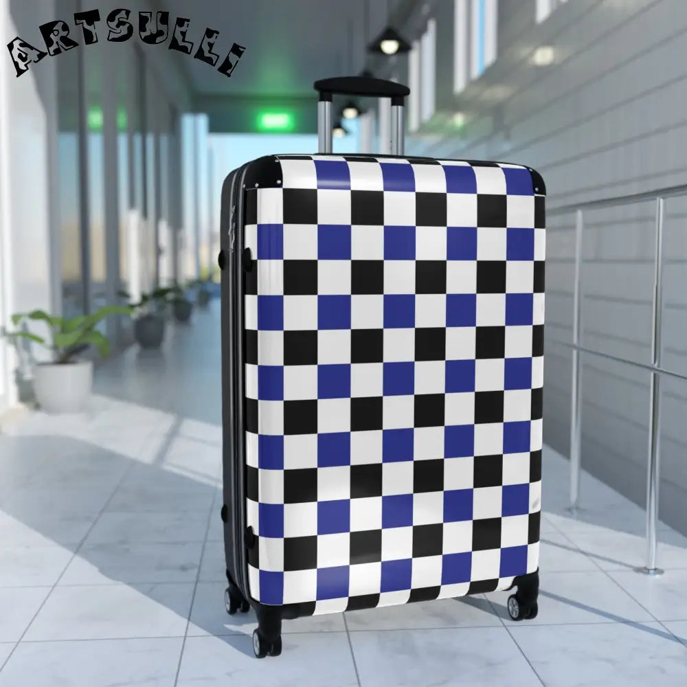 JAKKOUTTHEBXX Checkerboard Blue White and Black Suitcase