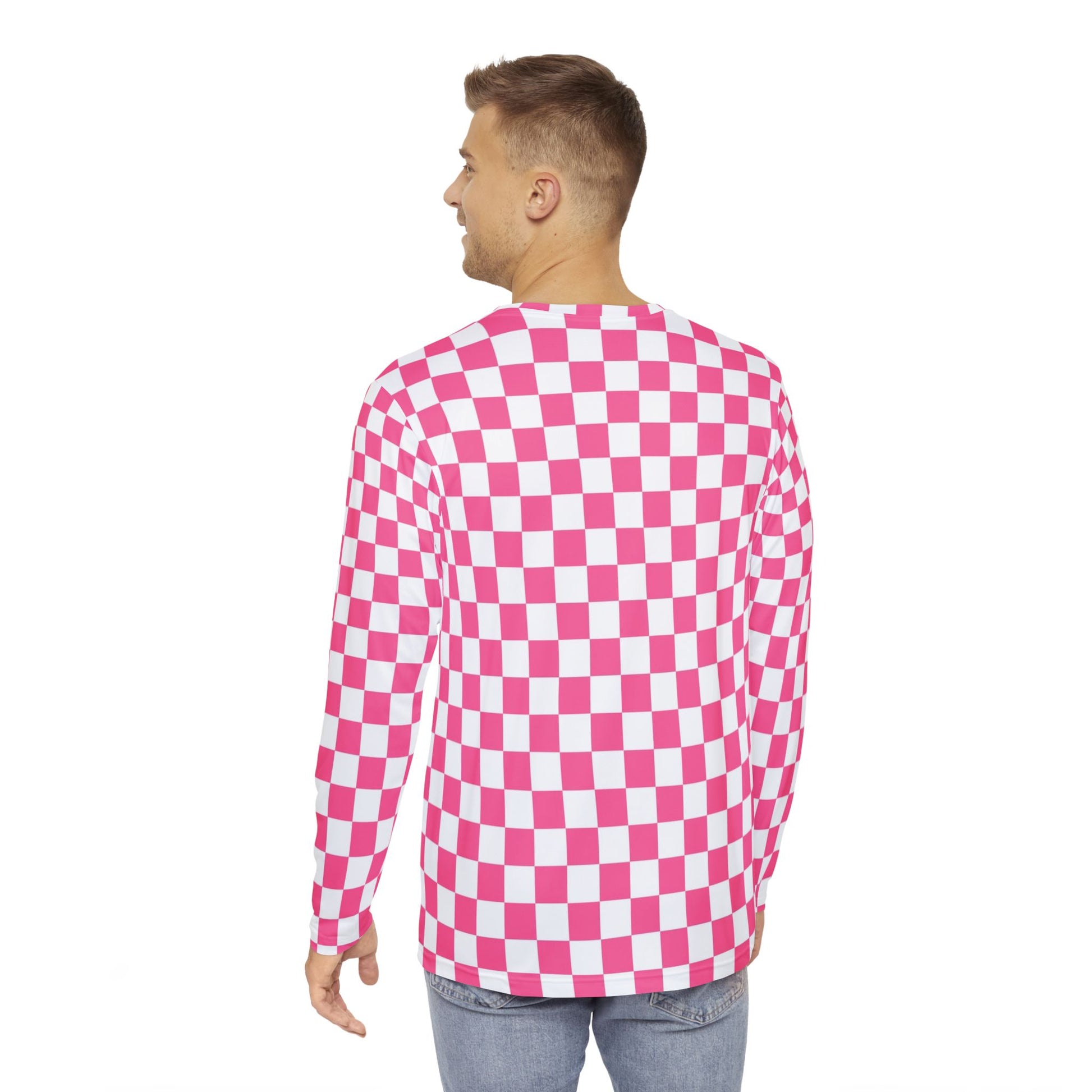 Yuyushiki Pink Check Men's Long Sleeve Shirt (AOP), Artsulli - Art is Long, Life is Short, All Over Prints, , , , , , , 