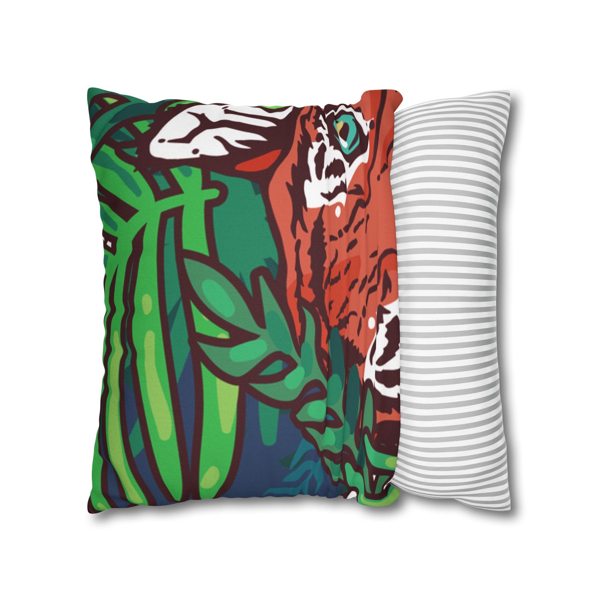 Tropical Jungle Tigers Blue and Green Spun Polyester Square Pillowcase, Artsulli - Art is Long, Life is Short, Home Decor, , , , , , , 