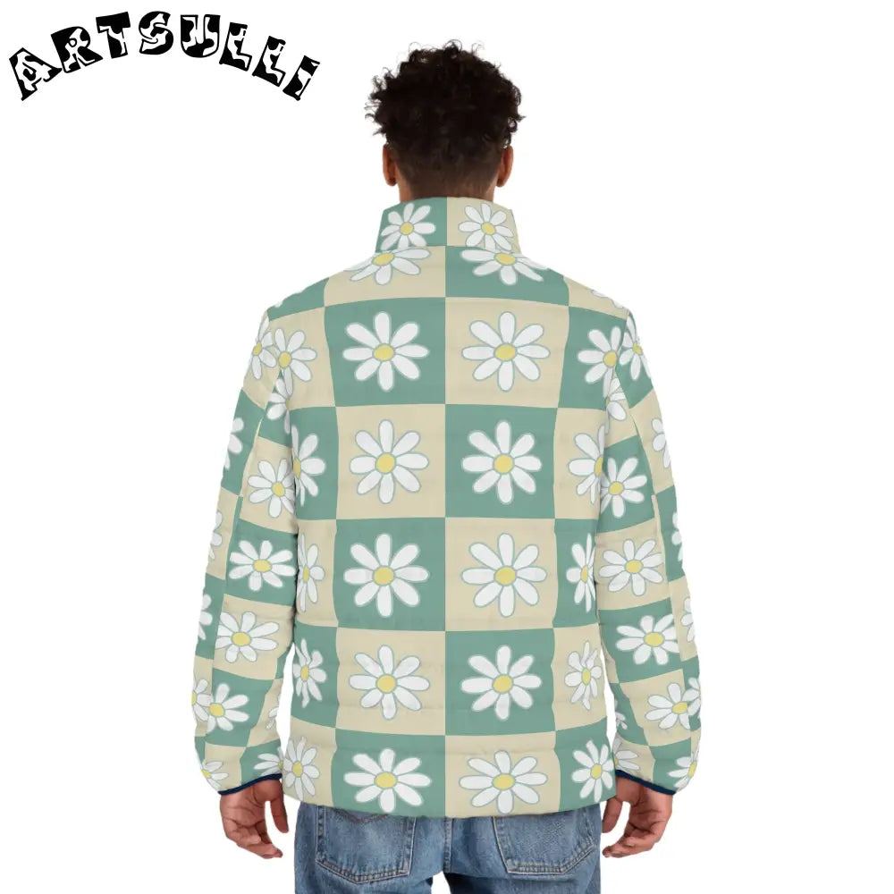 JAKKOUTTHEBXX Retro Daisy Checkerboard Green and Tan Men’s Puffer