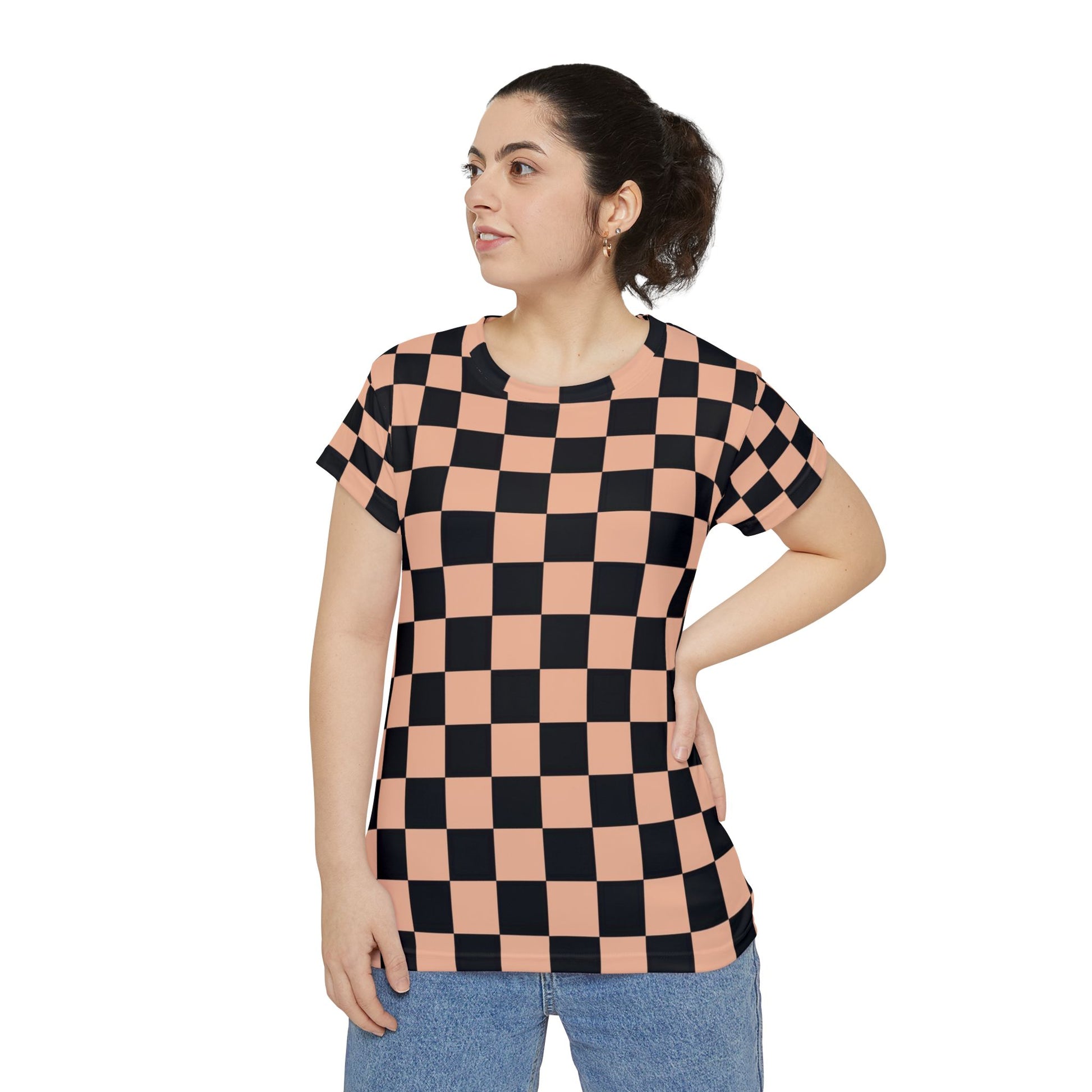Checkerboard Soft Orange and Black Women's Short Sleeve Shirt (AOP), Artsulli - Art is Long, Life is Short, All Over Prints, , , , , , , 