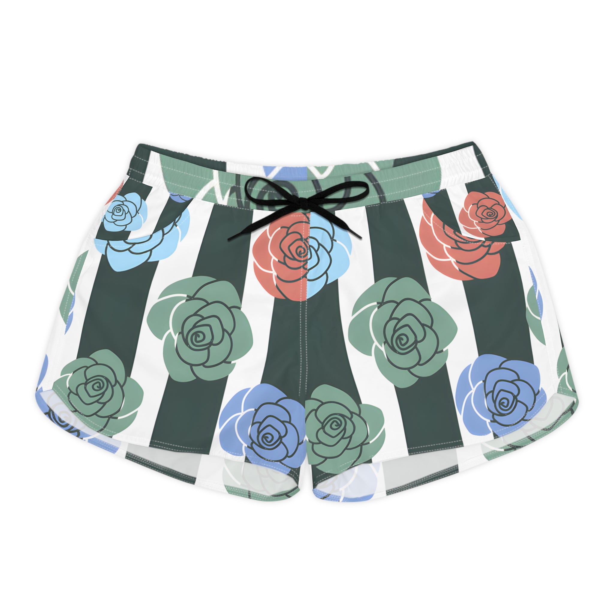 Stripes x Roses Black and White Women's Casual Shorts (AOP), Artsulli - Art is Long, Life is Short, All Over Prints, Size, S, Color, Black drawstring, , , 11849249300250