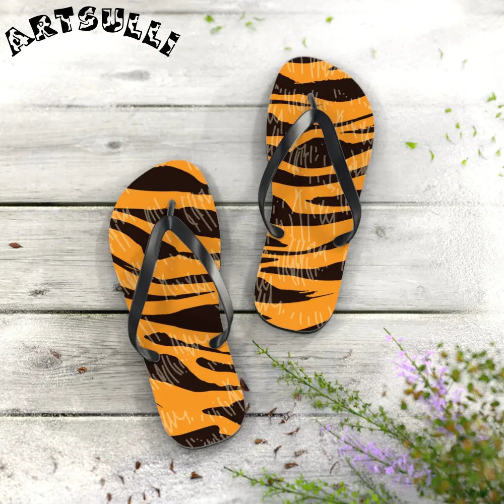 JAKKOUTTHEBXX Tiger Scratches Orange & Black Flip Flops