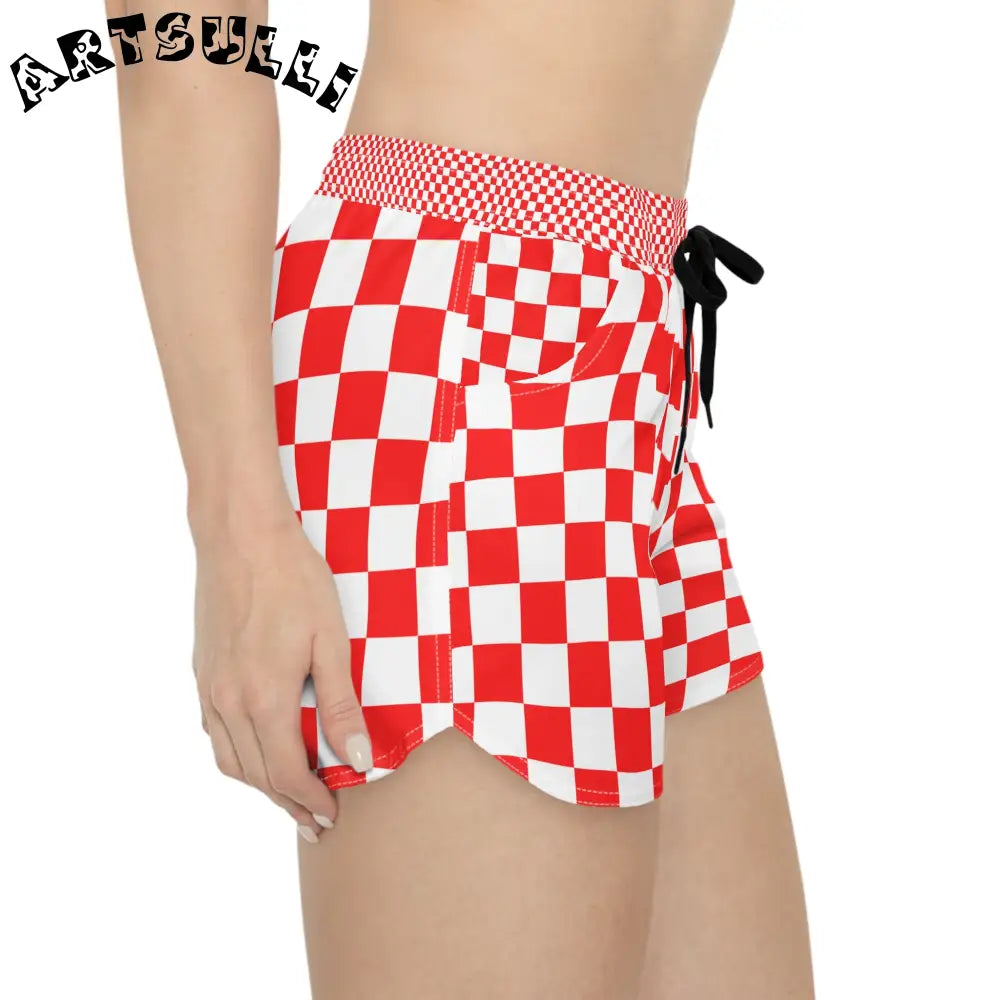 JAKKOUTTHEBXX Checkerboard Red and White Women’s Casual Shorts (AOP)