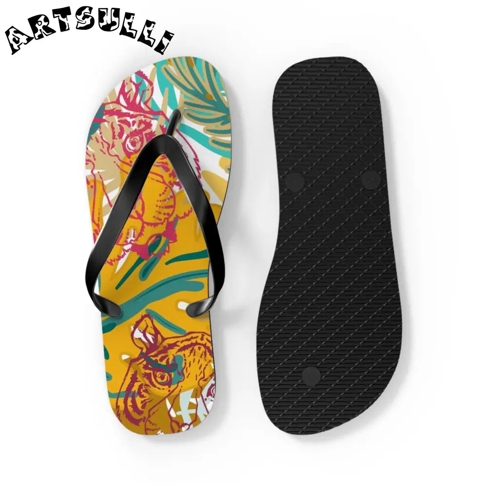 JAKKOUTTHEBXX Tropical Jungle Tigers Brown and Green Flip Flops