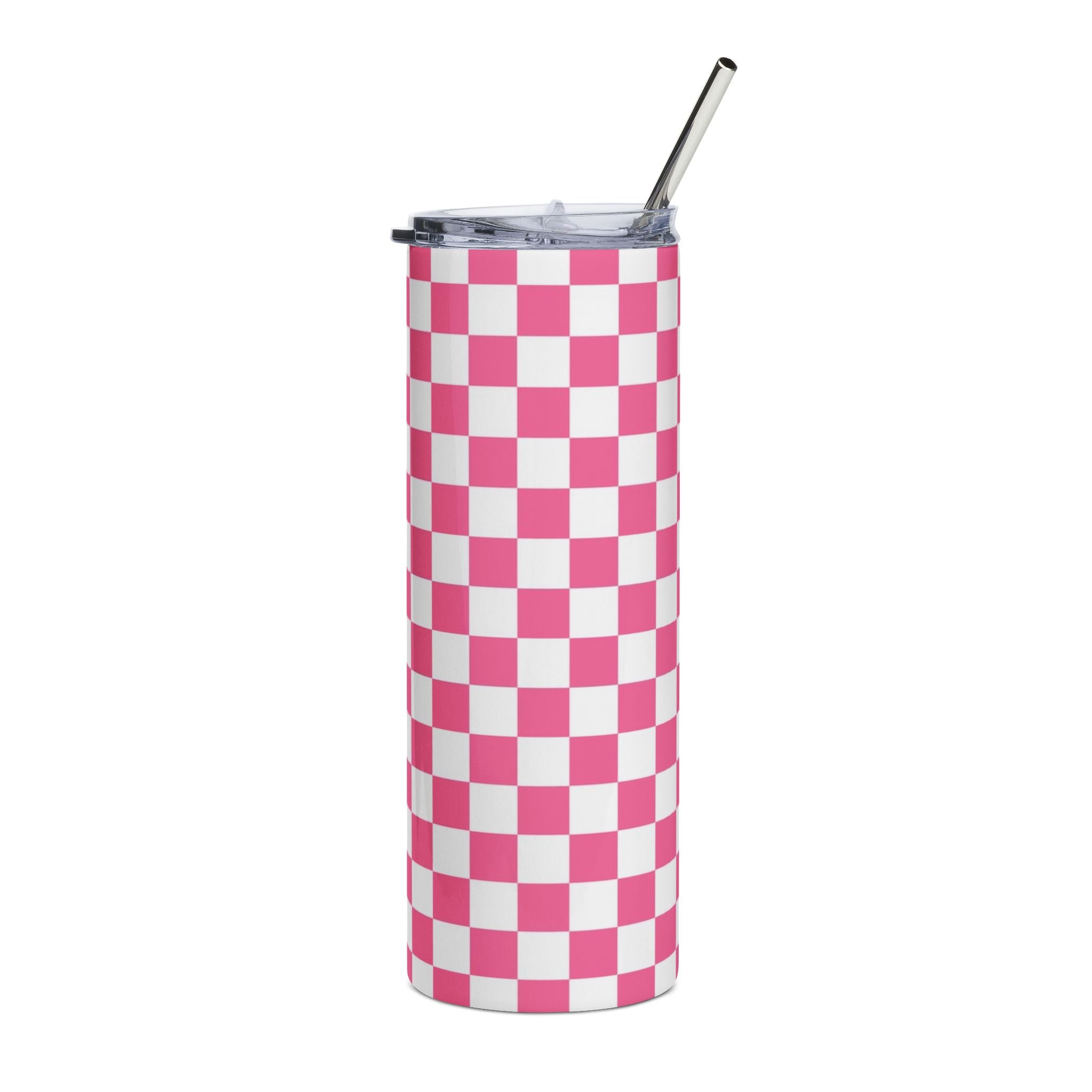 Yuyushiki Pink Check Stainless Steel Tumbler, 20oz, Artsulli - Art is Long, Life is Short, Mug, , , , , , , 