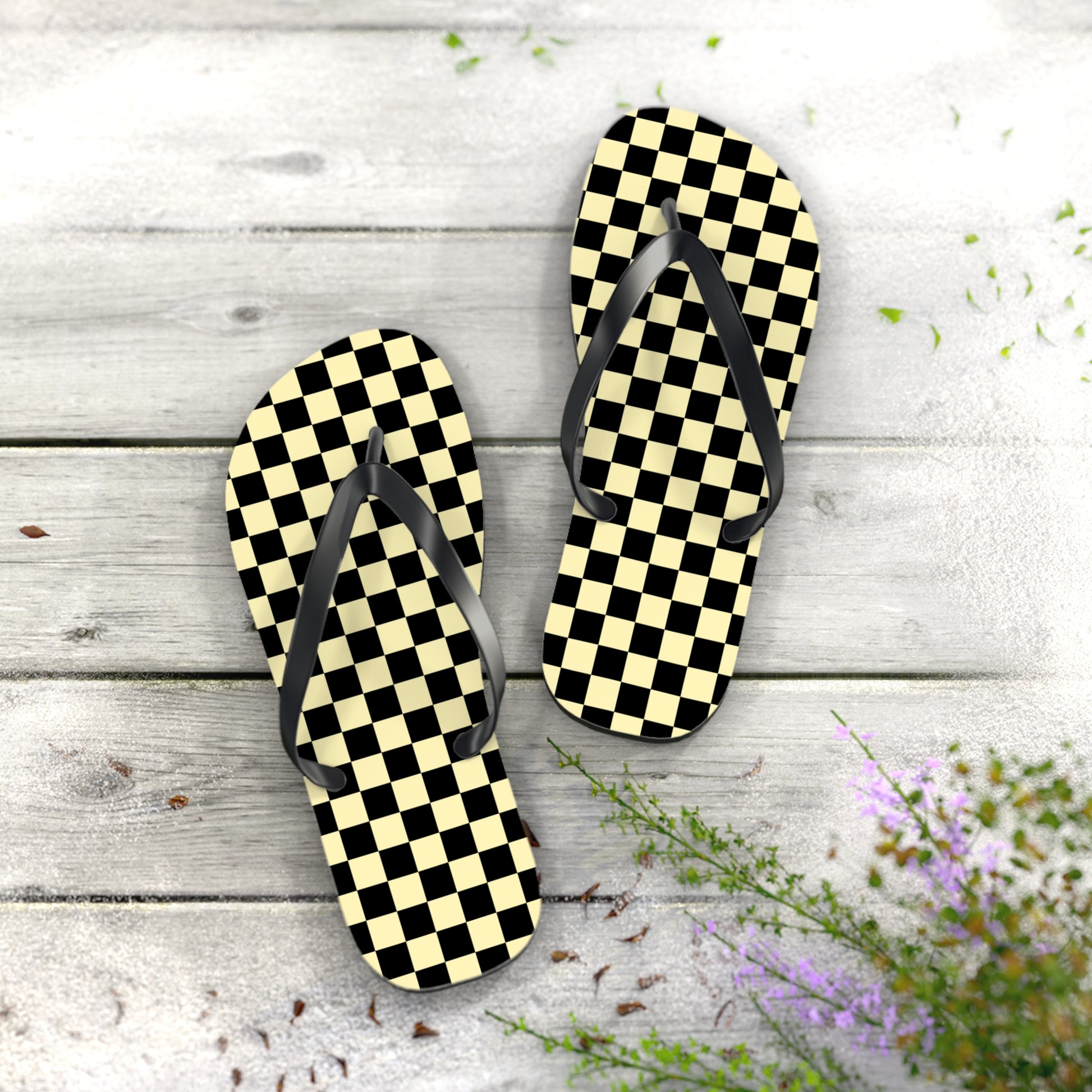 Checkerboard Black and Yellow Flip Flops, Artsulli - Art is Long, Life is Short, Shoes, , , , , , , 