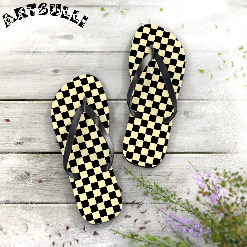 JAKKOUTTHEBXX Checkerboard Black and Yellow Flip Flops JAKKOUTTHEBXX