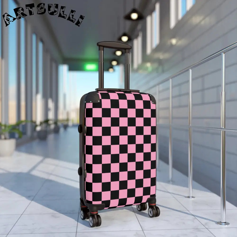 JAKKOUTTHEBXX Checkerboard Black and Pink Suitcase JAKKOUTTHEBXX