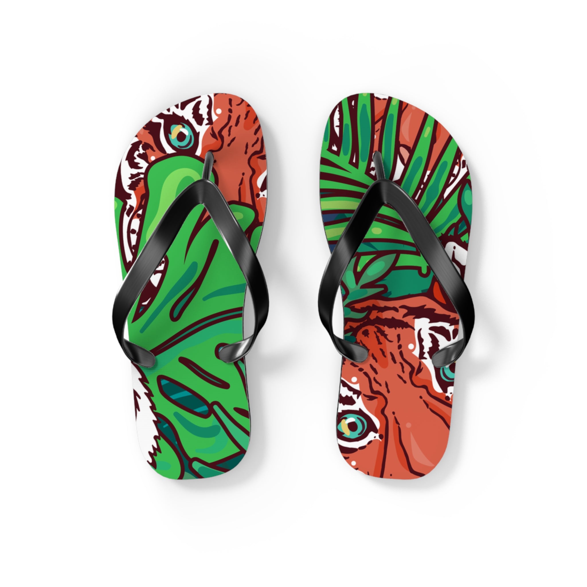 Tropical Jungle Tigers Blue and Green Flip Flops, Artsulli - Art is Long, Life is Short, Shoes, Size, S, Color, Black sole, , , 14289626444670