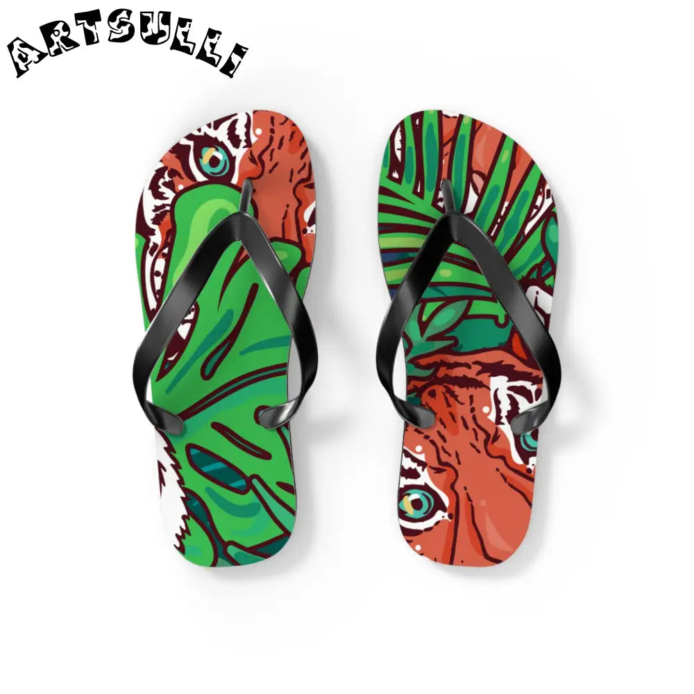 JAKKOUTTHEBXX Tropical Jungle Tigers Blue and Green Flip Flops
