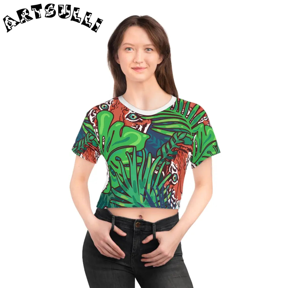 JAKKOUTTHEBXX Tropical Jungle Tigers Blue and Green Crop Tee (AOP)