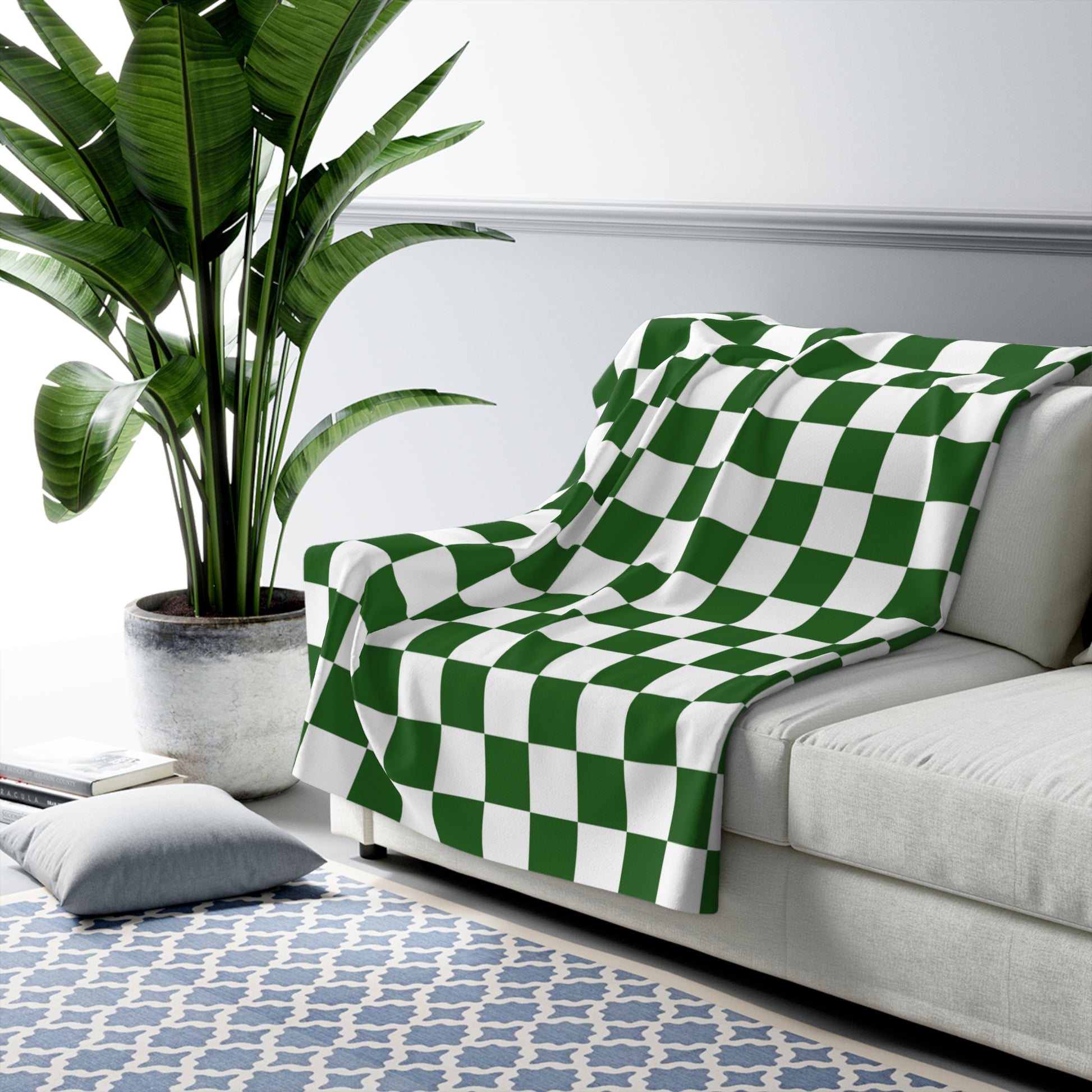 Checkerboard White and Dark Green Sherpa Fleece Blanket, Artsulli - Art is Long, Life is Short, Home Decor, , , , , , , 
