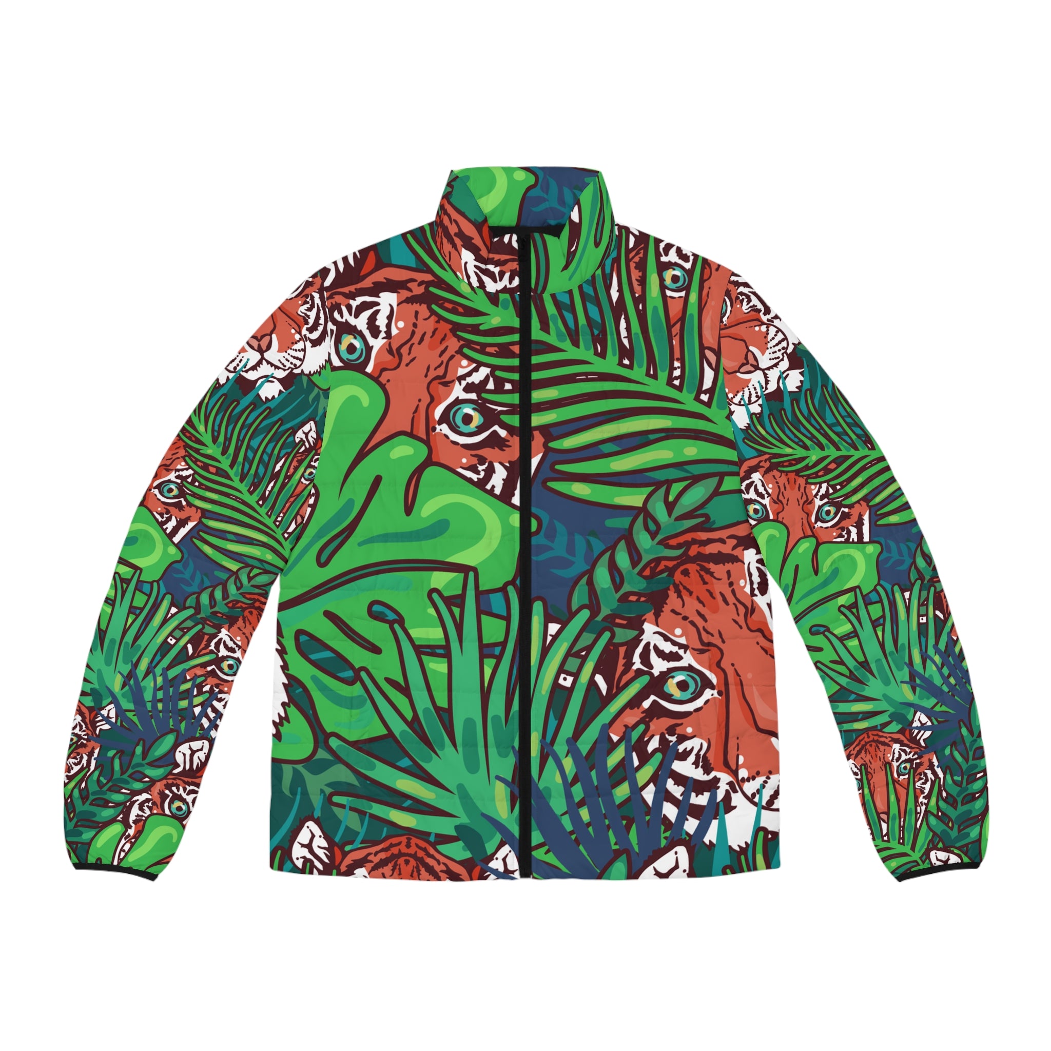 Tropical Jungle Tigers Blue and Green Men's Puffer Jacket (AOP), Artsulli - Art is Long, Life is Short, All Over Prints, Size, S, Color, Black zipper, , , 14307621213976