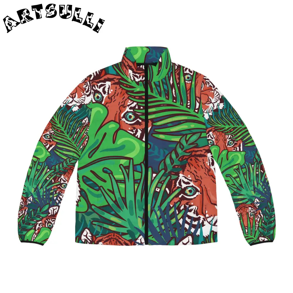 JAKKOUTTHEBXX Tropical Jungle Tigers Blue and Green Men’s Puffer