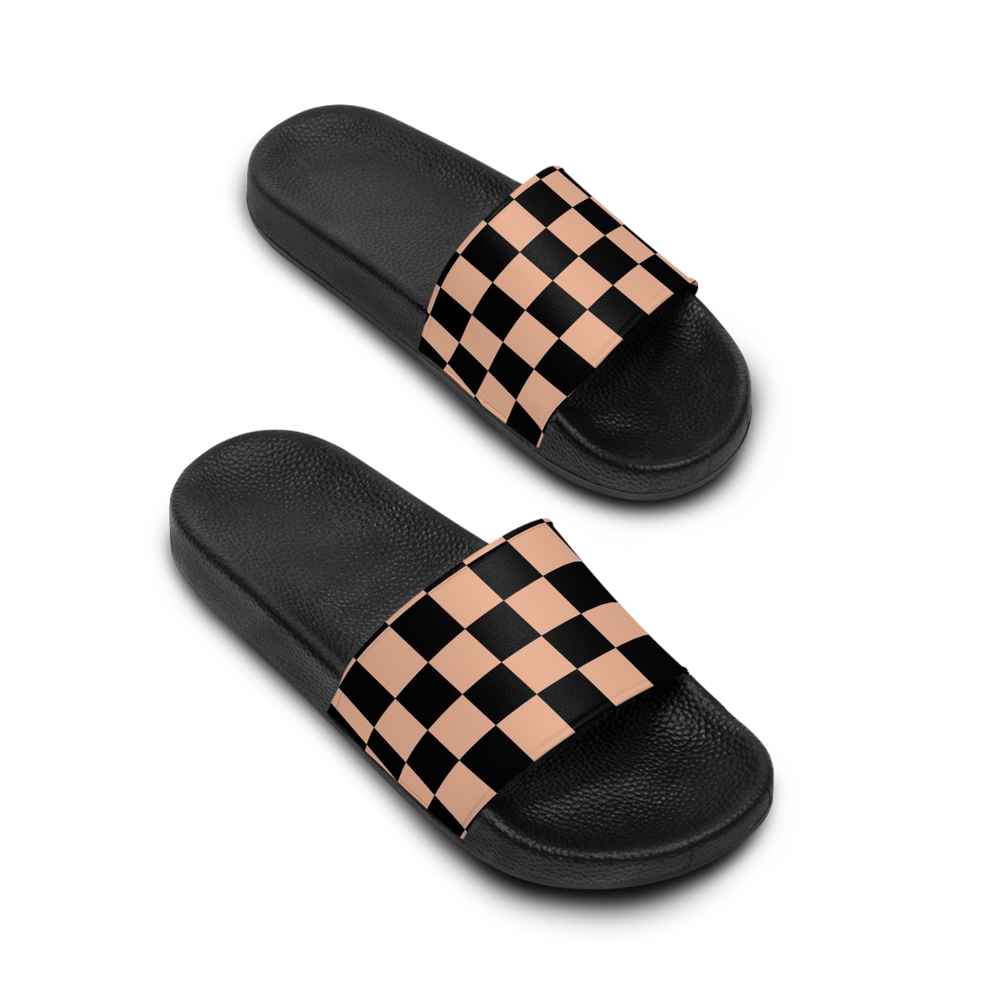 Checkerboard Soft Orange and Black Women's Slide Sandals, Artsulli - Art is Long, Life is Short, Shoes, , , , , , , 