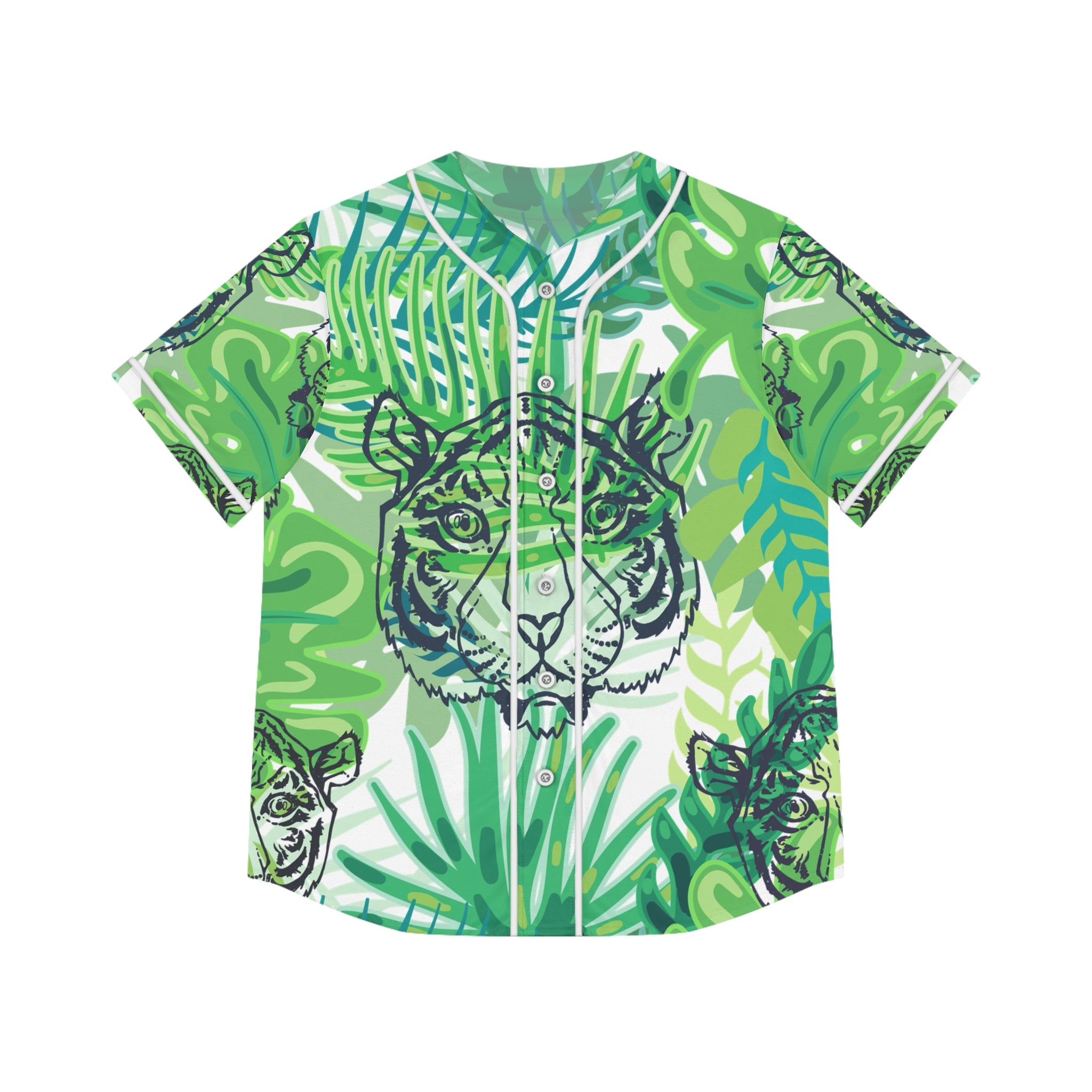 Tropical Jungle Tigers Green Women's Baseball Jersey (AOP), Artsulli - Art is Long, Life is Short, All Over Prints, Size, XS, Color, White, , , 14890814838995