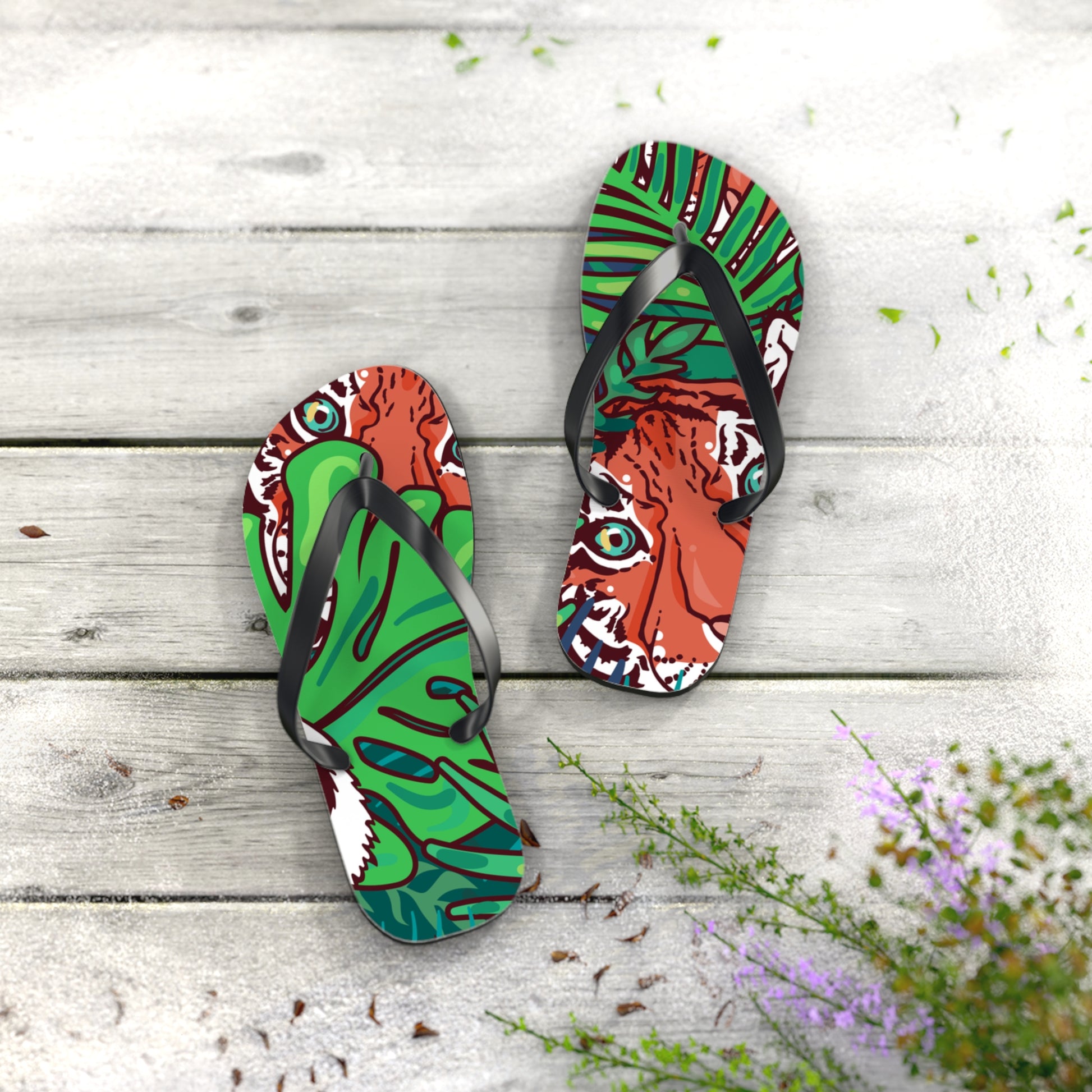 Tropical Jungle Tigers Blue and Green Flip Flops, Artsulli - Art is Long, Life is Short, Shoes, , , , , , , 