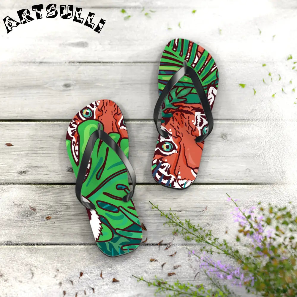 JAKKOUTTHEBXX Tropical Jungle Tigers Blue and Green Flip Flops