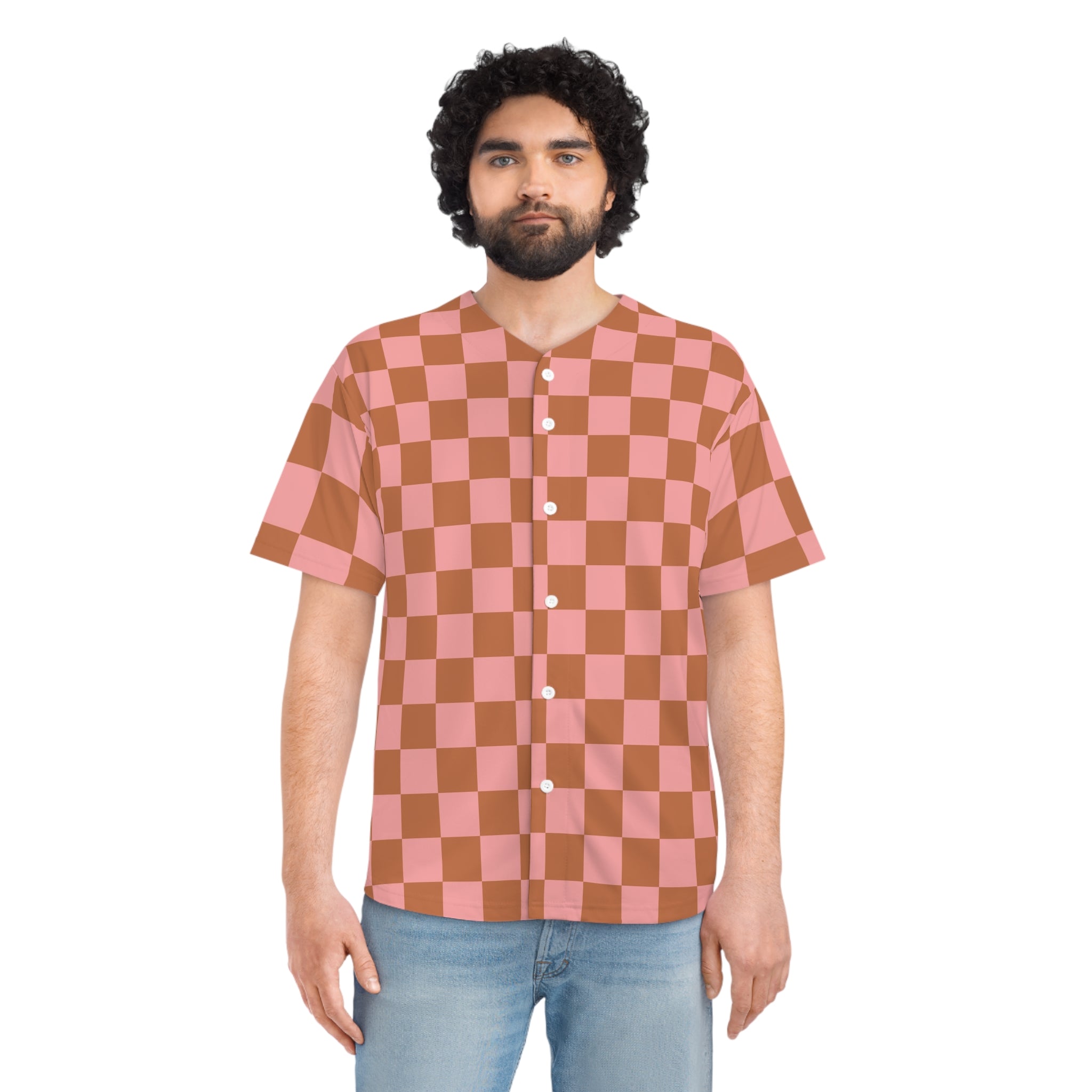 Chessboard II Pink and Brown  Men's Baseball Jersey (AOP), Artsulli - Art is Long, Life is Short, All Over Prints, , , , , , , 