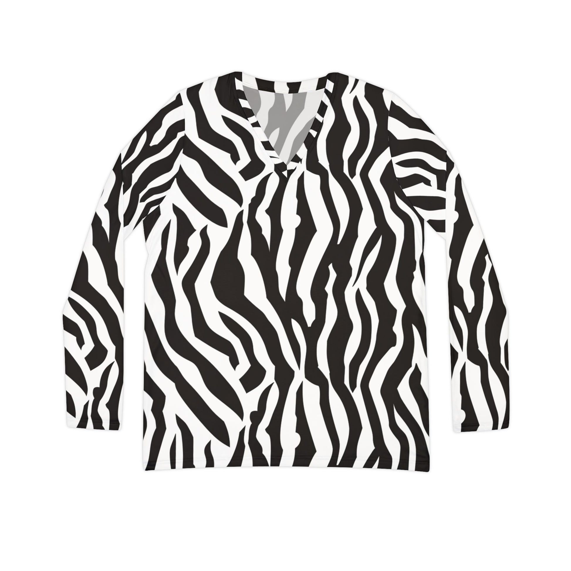 Black  White Drag Zebra Fabric Women's Long Sleeve V-neck Shirt (AOP), Artsulli - Art is Long, Life is Short, All Over Prints, Size, XS, , , , , 97873469510549
