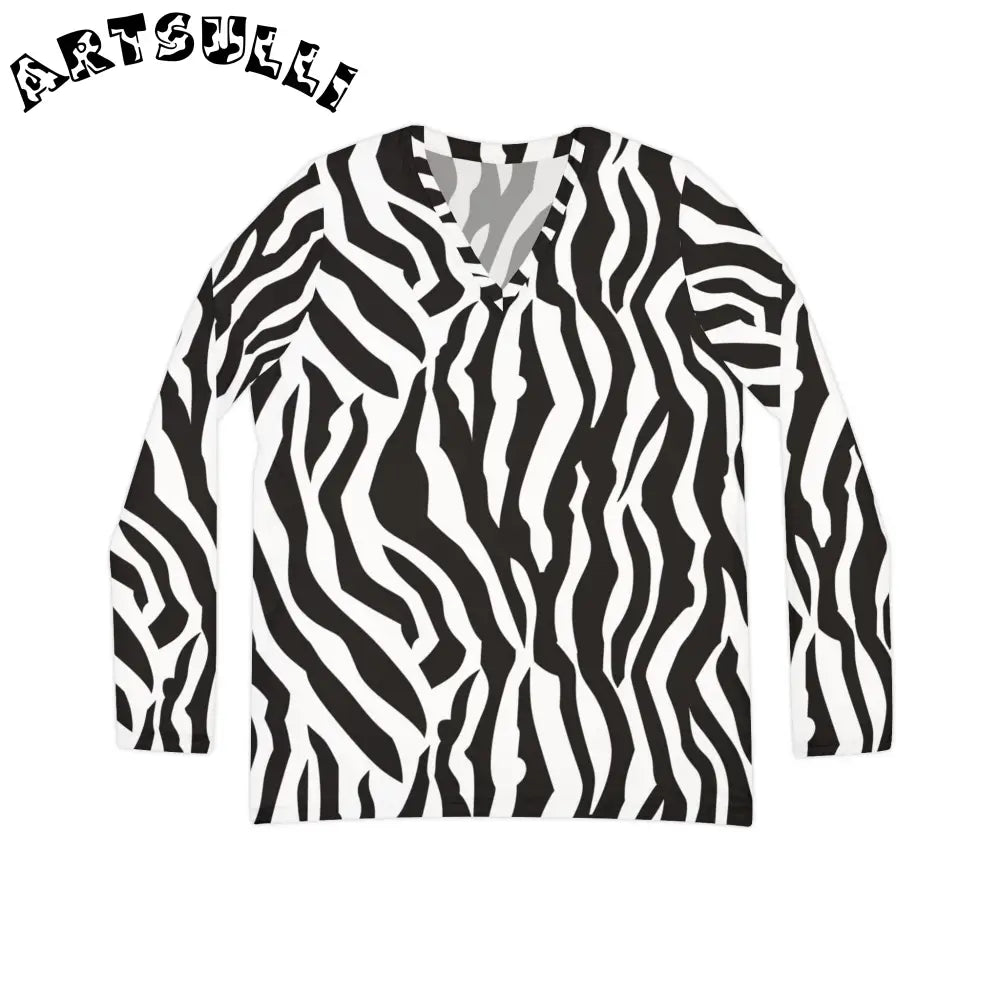 JAKKOUTTHEBXX Black and White Zebra Print V Neck Long Sleeve Shirt