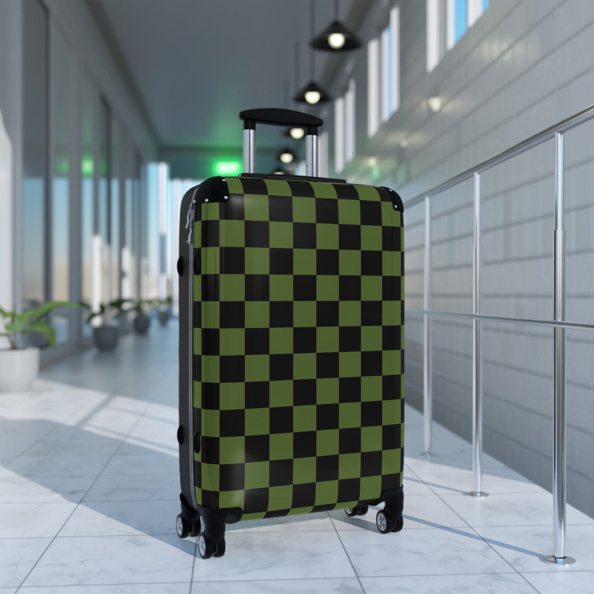 Checkerboard Olive Green and Black Suitcase, Artsulli - Art is Long, Life is Short, Bags, , , , , , , 