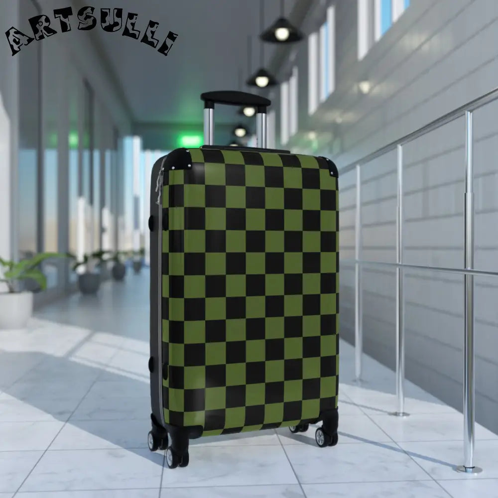 JAKKOUTTHEBXX Checkerboard Olive Green and Black Suitcase