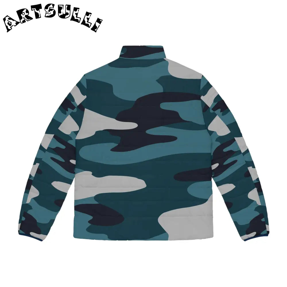 JAKKOUTTHEBXX Blue Camouflage Men’s Puffer Jacket (AOP)