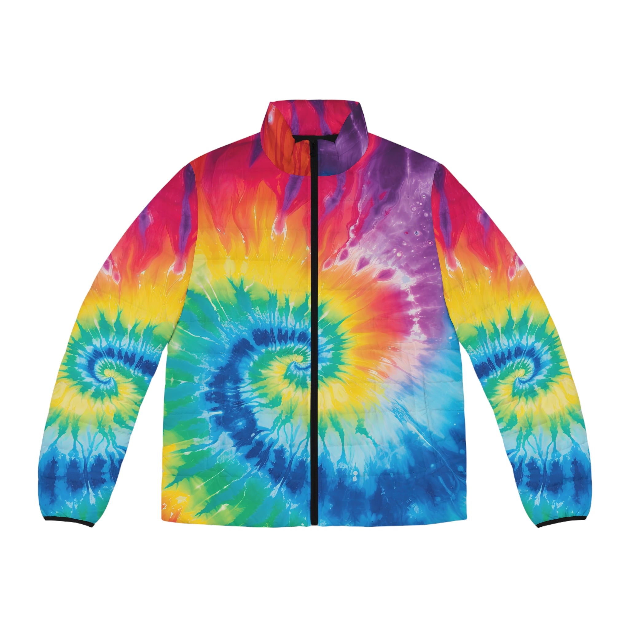 Tie Dye Men's Puffer Jacket (AOP), Artsulli - Art is Long, Life is Short, All Over Prints, Size, S, Color, Black zipper, , , 18109417437791104371