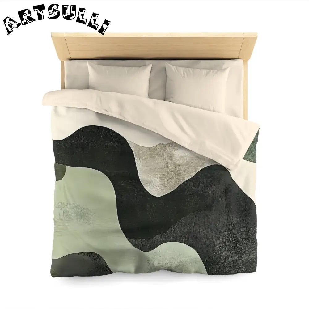 JAKKOUTTHEBXX Abstract Green Black Off White Wavy Pattern Duvet