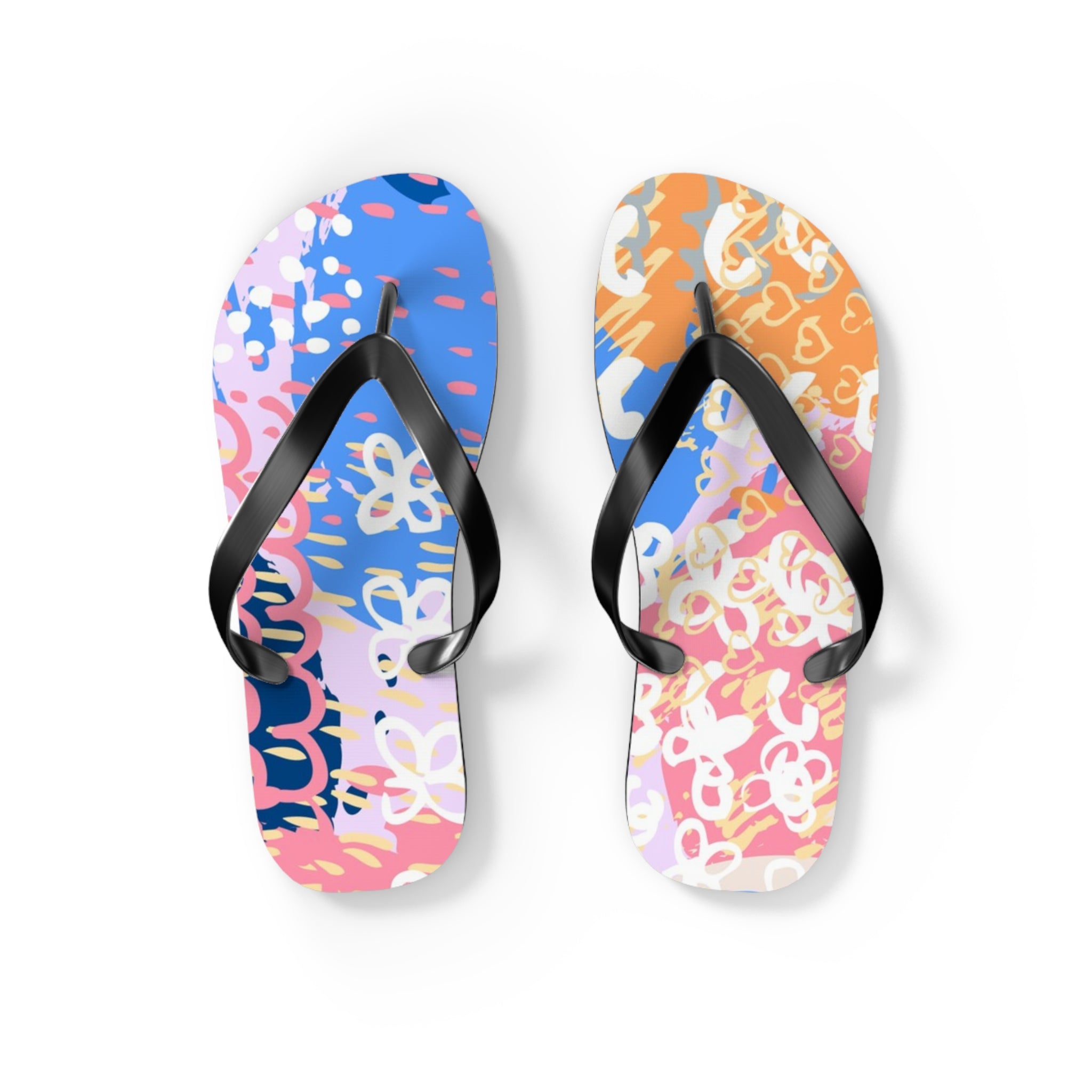 Flowers x Doodles x Hearts Multi-Color Flip Flops, Artsulli - Art is Long, Life is Short, Shoes, Size, S, Color, Black sole, , , 27096559095564104201