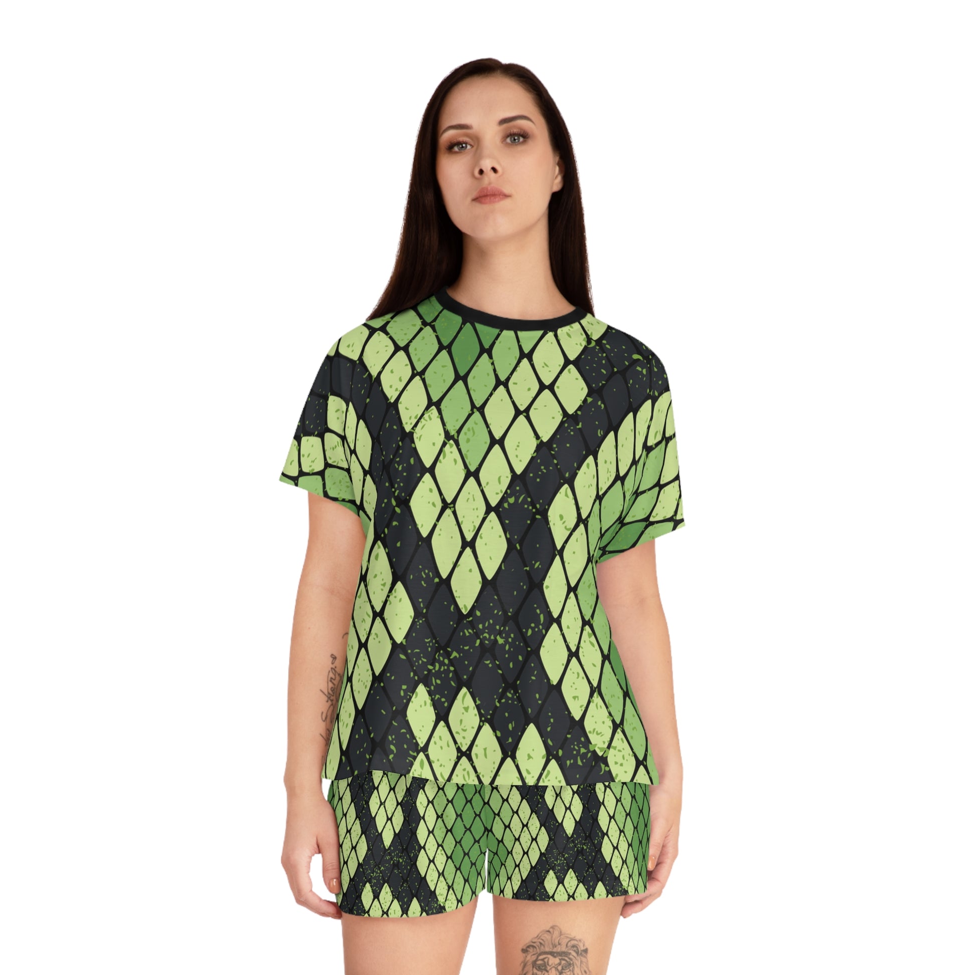Snake Skin Green and Black Women's Short Pajama Set (AOP), Artsulli - Art is Long, Life is Short, All Over Prints, , , , , , , 