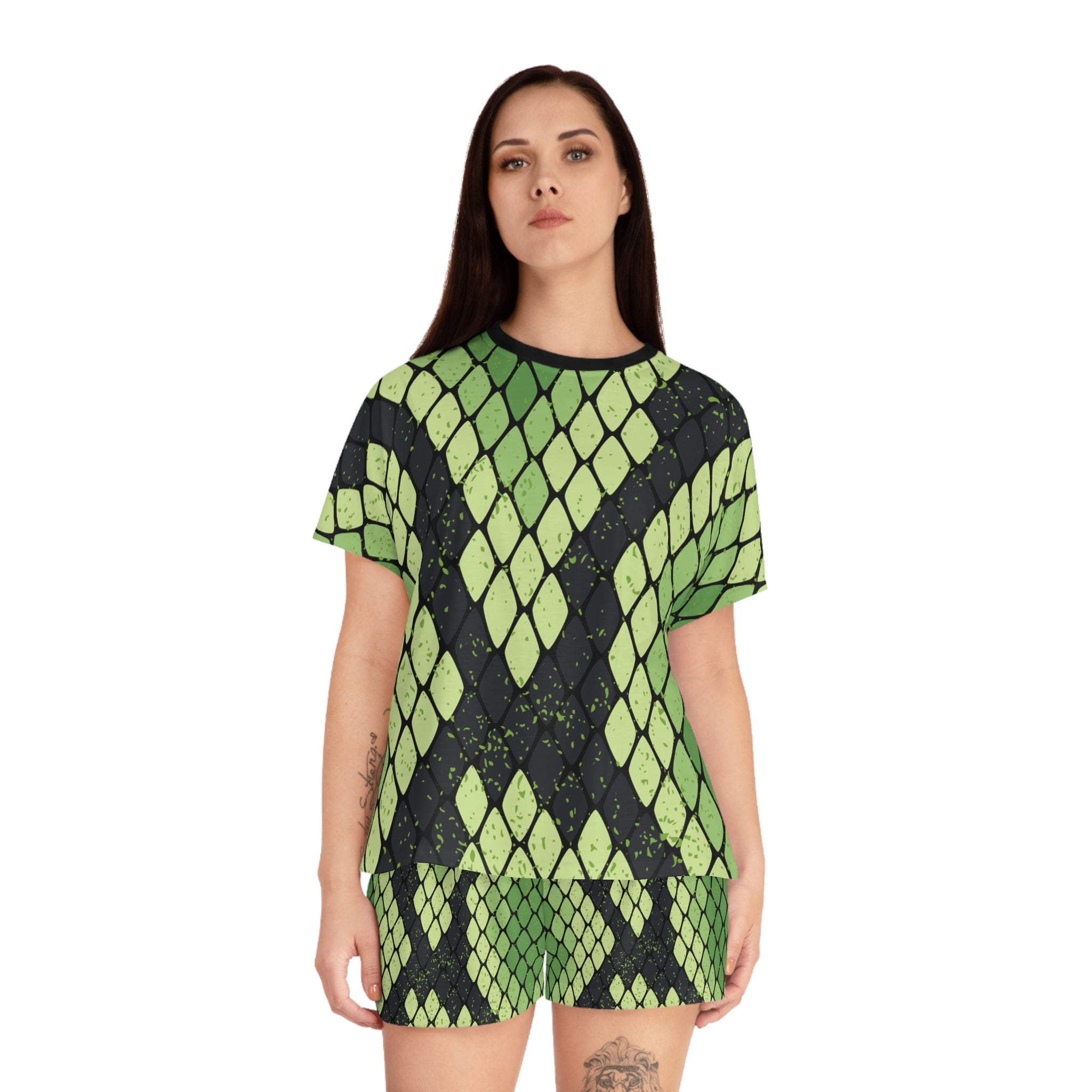 Snake Skin Green and Black Women's Short Pajama Set (AOP), Artsulli - Art is Long, Life is Short, All Over Prints, , , , , , , 