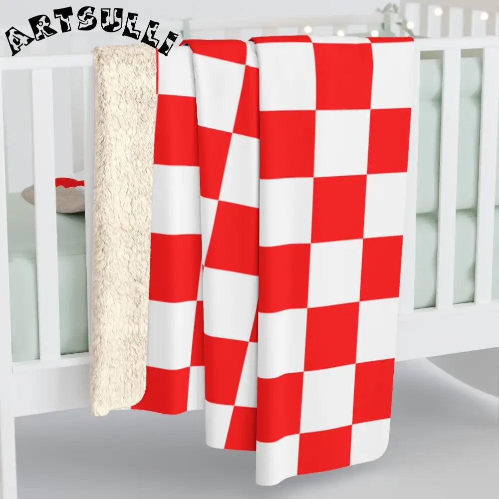JAKKOUTTHEBXX Checkerboard Red and White Sherpa Fleece Blanket
