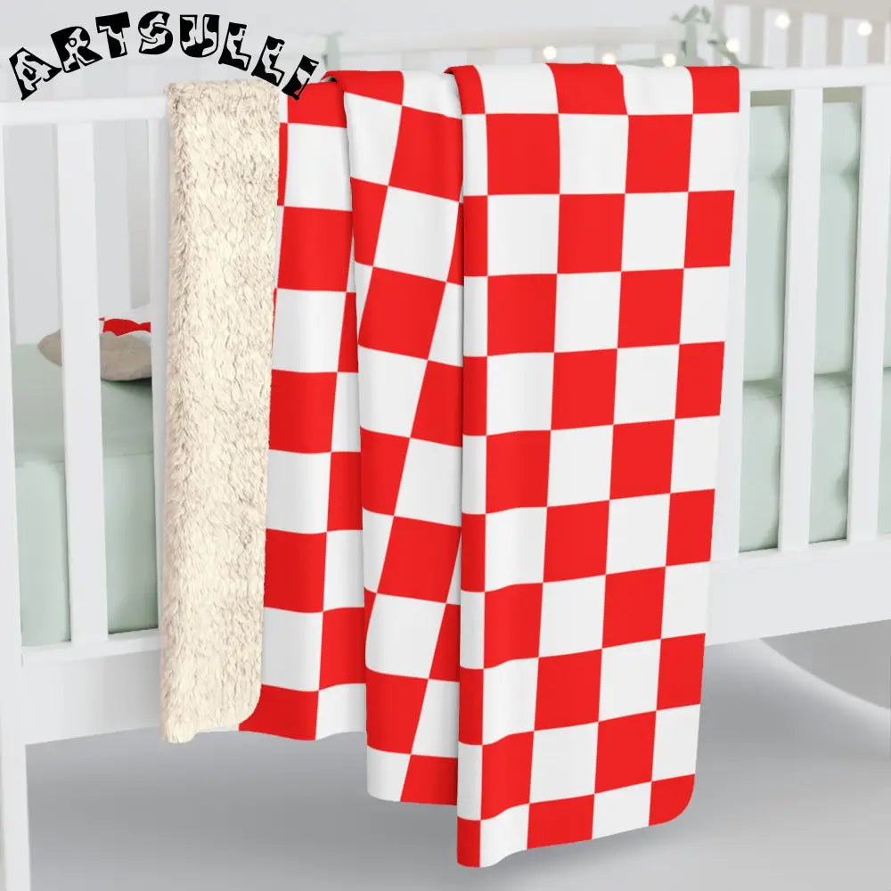 JAKKOUTTHEBXX Checkerboard II Red and White Sherpa Fleece Blanket