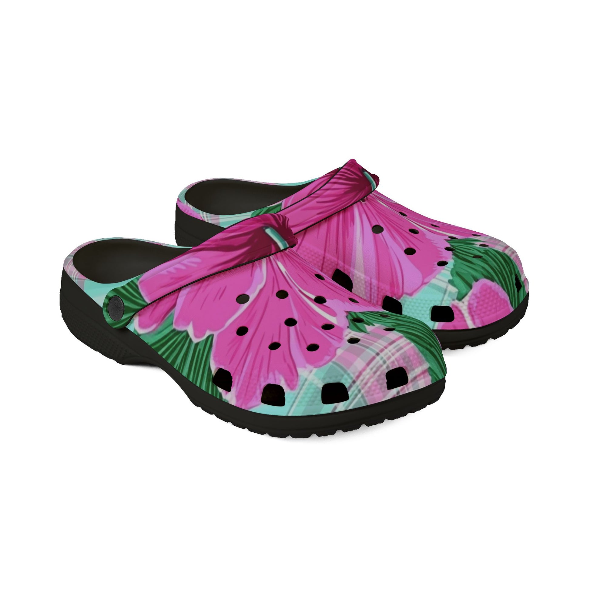 Plaid Hibiscus Pink and Yellow EVA Foam Rubber Shoes (AOP), Artsulli - Art is Long, Life is Short, Shoes, , , , , , , 