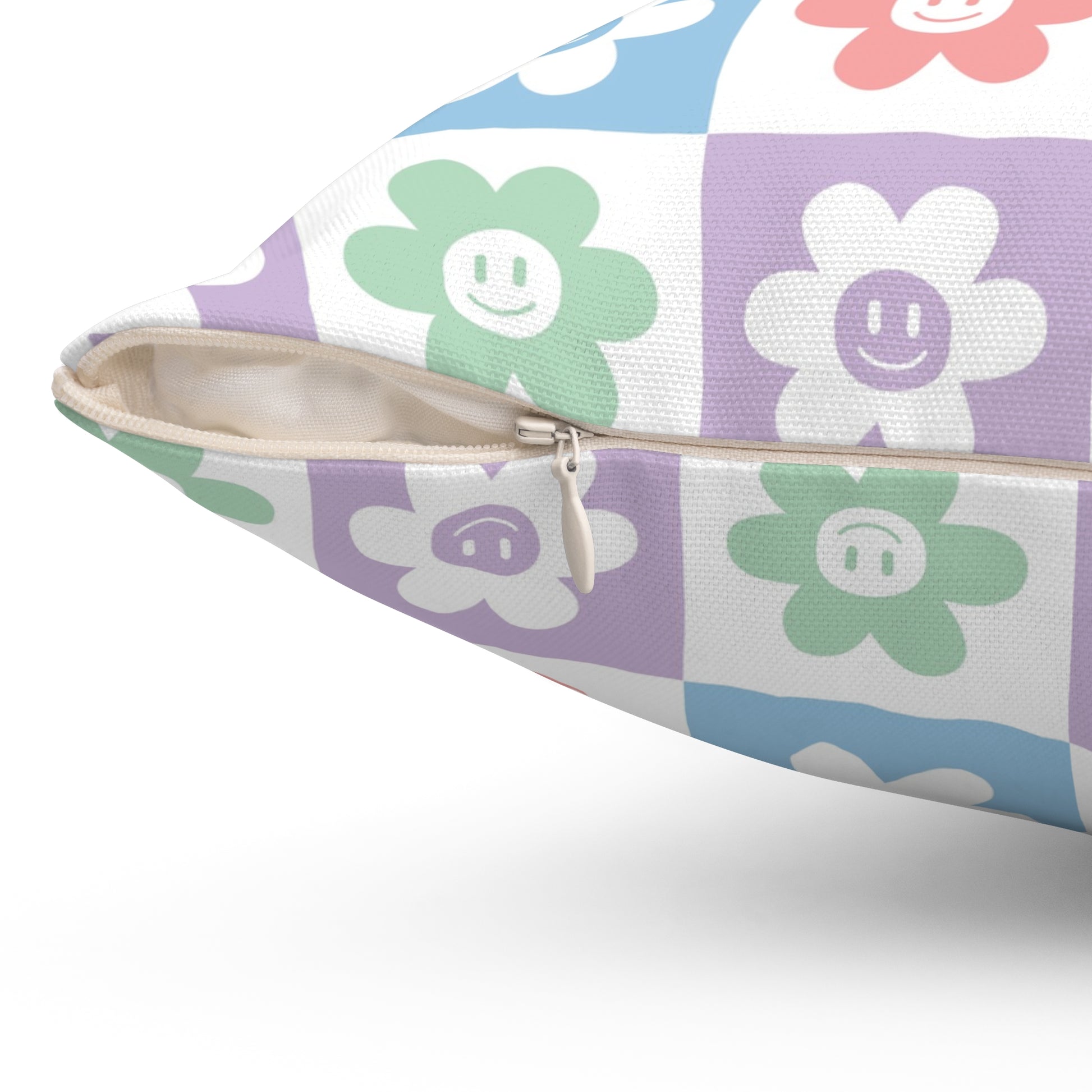 Chessboard x Smiley Face Flowers Multi-Color Spun Polyester Square Pillow, Artsulli - Art is Long, Life is Short, Home Decor, , , , , , , 