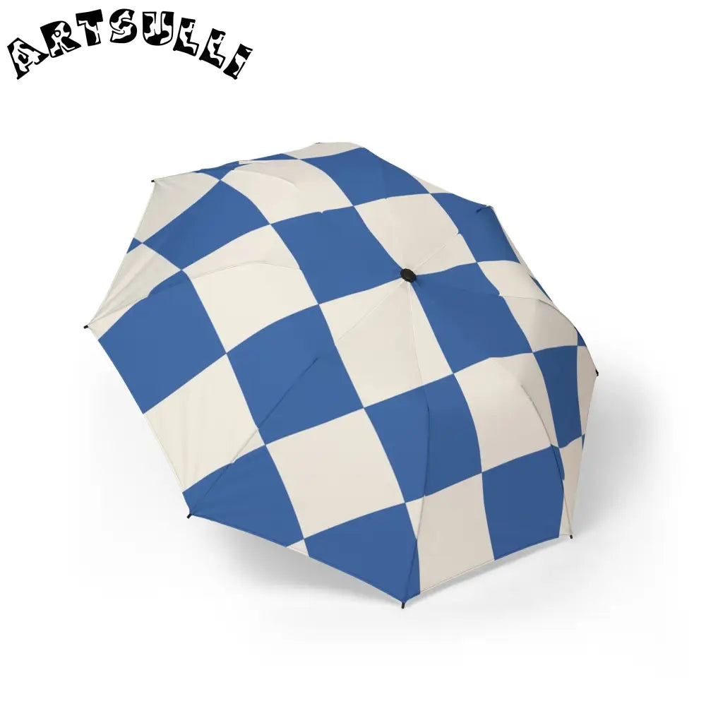 JAKKOUTTHEBXX Checkerboard Blue Semi-Automatic Foldable Umbrella
