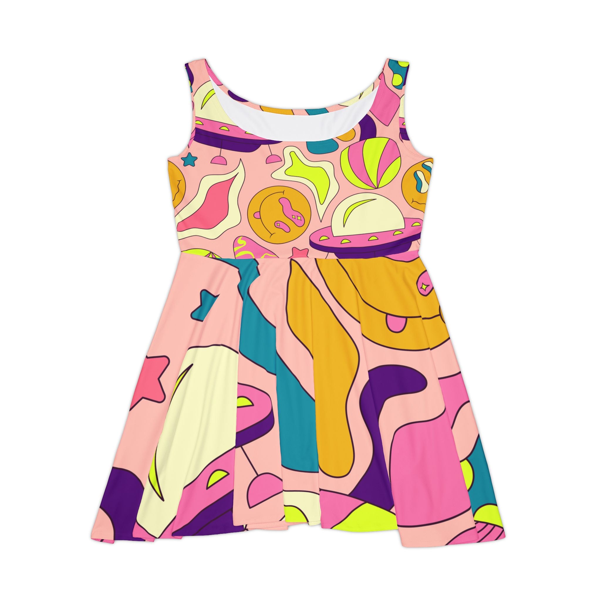 Trippy Spaceships Pink Women's Skater Dress (AOP), Artsulli - Art is Long, Life is Short, All Over Prints, Size, XS, , , , , 14102106971703