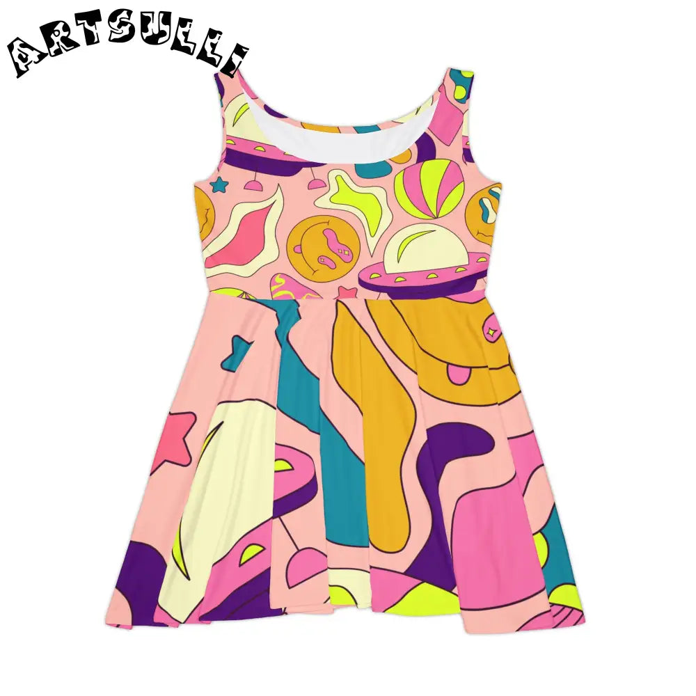JAKKOUTTHEBXX Trippy Spaceships Pink Women’s Skater Dress (AOP)